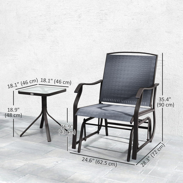 3 Piece Patio Glider Set, Outdoor Gliders with Glass Top Table, Breathable Mesh Seat, or Garden, Country Yard, Porch, Grey