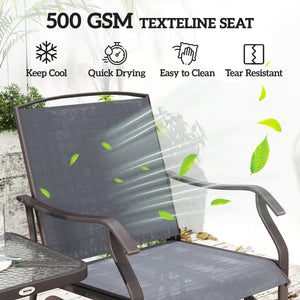 3 Piece Outdoor Glider Chair with Coffee Table Bistro Set, 2 Patio Rocking Swing Chairs with Breathable Sling Fabric, Glass Tabletop, for Backyard, Garden and Porch, Gray