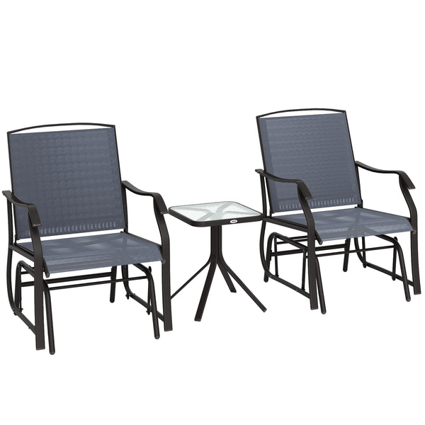 3 Piece Outdoor Glider Chair with Coffee Table Bistro Set, 2 Patio Rocking Swing Chairs with Breathable Sling Fabric, Glass Tabletop, for Backyard, Garden and Porch, Gray