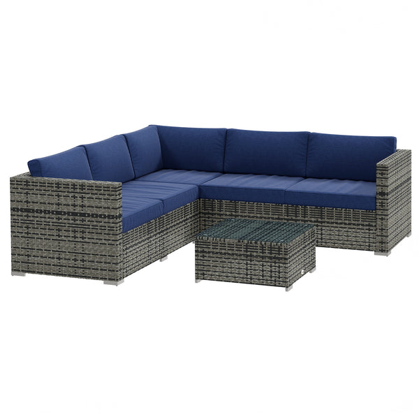 4 Pieces Garden Rattan Furniture Set, Wicker Patio Furniture Outdoor Conversation Set with Corner Sofa Loveseats Coffee Table Cushions for Backyard Pool, Navy Blue