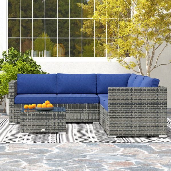 4 Pieces Garden Rattan Furniture Set, Wicker Patio Furniture Outdoor Conversation Set with Corner Sofa Loveseats Coffee Table Cushions for Backyard Pool, Navy Blue