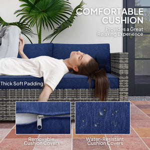 4 Pieces Garden Rattan Furniture Set, Wicker Patio Furniture Outdoor Conversation Set with Corner Sofa Loveseats Coffee Table Cushions for Backyard Pool, Navy Blue