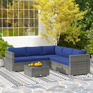 4 Pieces Garden Rattan Furniture Set, Wicker Patio Furniture Outdoor Conversation Set with Corner Sofa Loveseats Coffee Table Cushions for Backyard Pool, Navy Blue