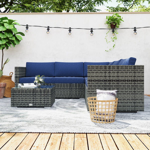 4 Pieces Garden Rattan Furniture Set, Wicker Patio Furniture Outdoor Conversation Set with Corner Sofa Loveseats Coffee Table Cushions for Backyard Pool, Navy Blue