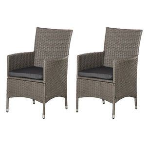 2 Pieces Outdoor PE Rattan Dining Chairs Set with Cushion, Garden Armchair with Armrests, High Backrest, Metal Frame Patio Wicker Furniture, Grey