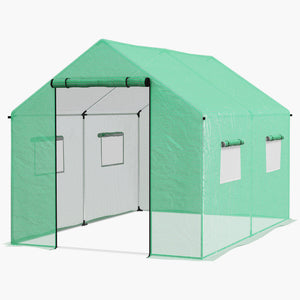 6.6' x 10' x 6.6' Tunnel Greenhouse with Roll-up Door and Mesh Windows, Walk-in Green House with PE Cover and Steel Frame, Garden Plants Growing Warm House Tent, Green