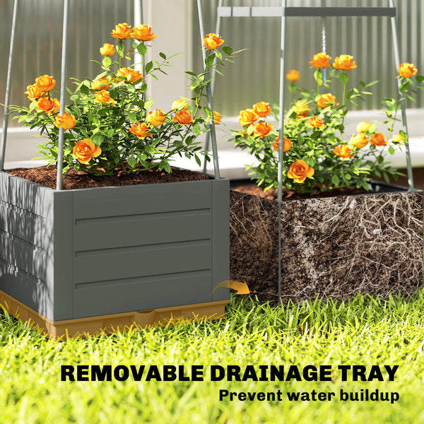 2 Pack Raised Garden Bed with Trellis, Plastic Outdoor Planter Box with Removable Drainage Tray, Tomato Cage for Climbing Plants, Vegetables, Flowers, 28 x 28 x 140 cm