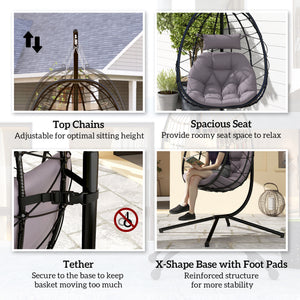 Hanging Egg Chair Outdoor Indoor Garden Swing Chair with Folding Basket, Thickened Cushion, Garden Hanging Chair with Stand, Headrest for Patio, Balcony, Grey