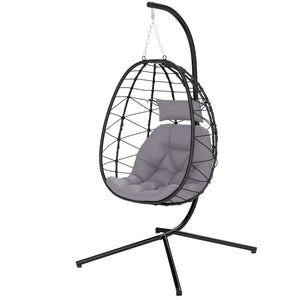 Hanging Egg Chair Outdoor Indoor Garden Swing Chair with Folding Basket, Thickened Cushion, Garden Hanging Chair with Stand, Headrest for Patio, Balcony, Grey
