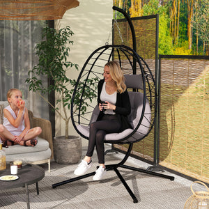 Hanging Egg Chair Outdoor Indoor Garden Swing Chair with Folding Basket, Thickened Cushion, Garden Hanging Chair with Stand, Headrest for Patio, Balcony, Grey