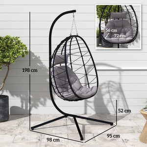 Hanging Egg Chair Outdoor Indoor Garden Swing Chair with Folding Basket, Thickened Cushion, Garden Hanging Chair with Stand, Headrest for Patio, Balcony, Grey
