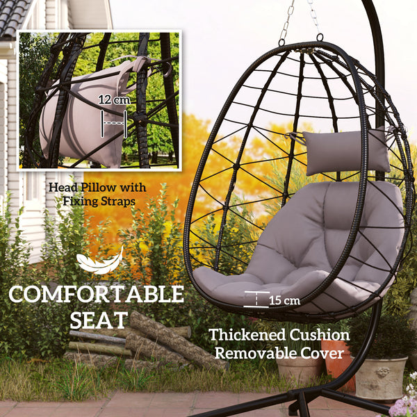 Hanging Egg Chair Outdoor Indoor Garden Swing Chair with Folding Basket, Thickened Cushion, Garden Hanging Chair with Stand, Headrest for Patio, Balcony, Grey