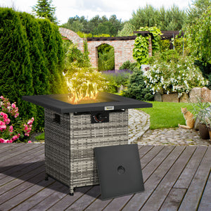 Outdoor PE Rattan Gas Fire Pit Table, Patio Square Propane Heater with Rain Cover, Mesh Lid and Lava Stone, 40,000 BTU, Mixed Grey