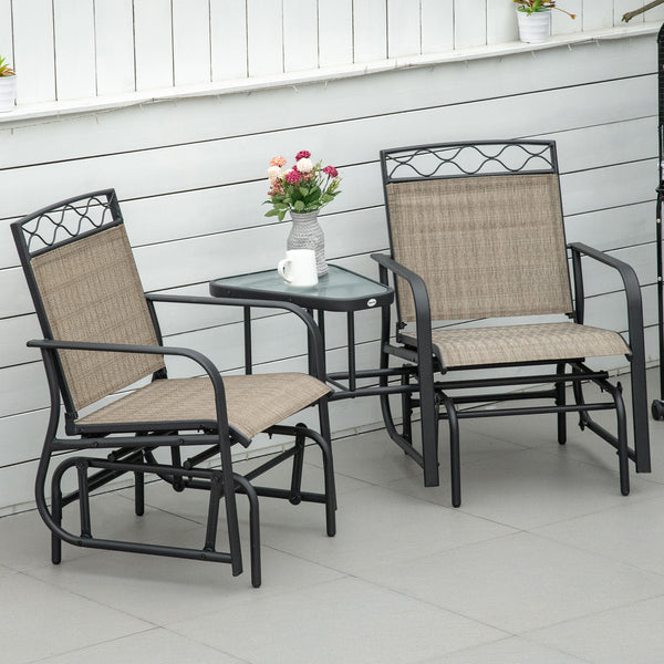 Double Outdoor Glider Chair, 2 Seater Patio Rocking Chairs, Swing Bench with Tempered Glass Table, Breathable Mesh Fabric for Backyard, Garden, Porch, Brown