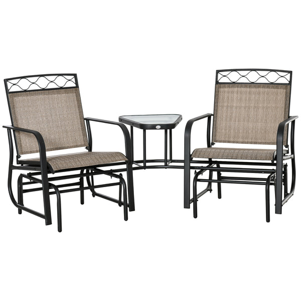 Double Outdoor Glider Chair, 2 Seater Patio Rocking Chairs, Swing Bench with Tempered Glass Table, Breathable Mesh Fabric for Backyard, Garden, Porch, Brown