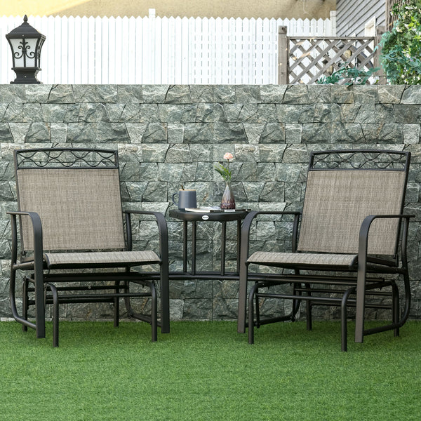 Double Outdoor Glider Chair, 2 Seater Patio Rocking Chairs, Swing Bench with Tempered Glass Table, Breathable Mesh Fabric for Backyard, Garden, Porch, Brown