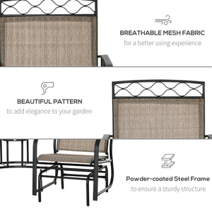 Double Outdoor Glider Chair, 2 Seater Patio Rocking Chairs, Swing Bench with Tempered Glass Table, Breathable Mesh Fabric for Backyard, Garden, Porch, Brown