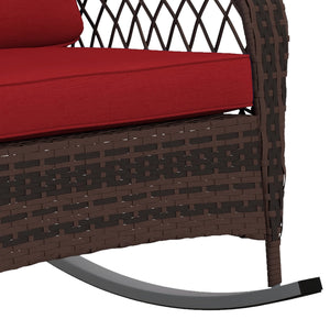 Rattan Rocking Chair, Outdoor Wicker Patio Rocker Chair Furniture with Thick Cushions, for Garden Backyard Porch, Red