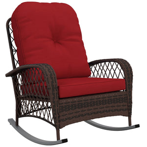 Rattan Rocking Chair, Outdoor Wicker Patio Rocker Chair Furniture with Thick Cushions, for Garden Backyard Porch, Red