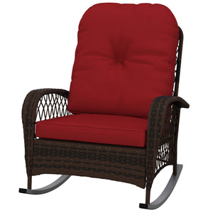 Rattan Rocking Chair, Outdoor Wicker Patio Rocker Chair Furniture with Thick Cushions, for Garden Backyard Porch, Red