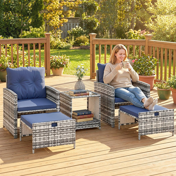 5 Piece Patio Furniture Set, Wicker Patio Chairs with Ottomans, 2-Tier Glass Coffee Table, Cushions, Outdoor Patio Furniture Conversation Set for Balcony, Grey/Dark Blue