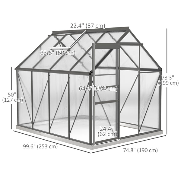 6' x 8' x 6.5' Polycarbonate Greenhouse, Walk-in Green House with Adjustable Roof Vent Galvanized Base Sliding Door Rain Gutter for Outdoor Garden Backyard, Charcoal Grey