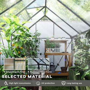 6' x 8' x 6.5' Polycarbonate Greenhouse, Walk-in Green House with Adjustable Roof Vent Galvanized Base Sliding Door Rain Gutter for Outdoor Garden Backyard, Charcoal Grey