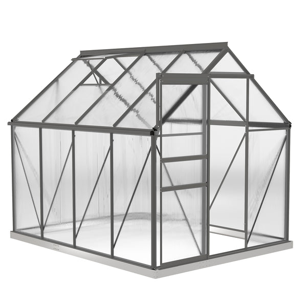6' x 8' x 6.5' Polycarbonate Greenhouse, Walk-in Green House with Adjustable Roof Vent Galvanized Base Sliding Door Rain Gutter for Outdoor Garden Backyard, Charcoal Grey