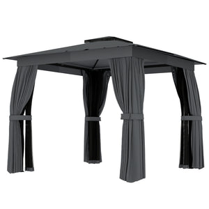 10' x 10' Outdoor Patio Gazebo, Soft Top Gazebo Canopy Shelter with Double Roof, Curtains, Netting, Steel Frame, UPF30+ Protection, Ceiling Hook for Lawn, Backyard, Deck, Dark Gray