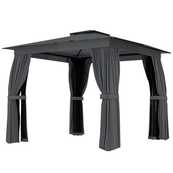 10' x 10' Outdoor Patio Gazebo, Soft Top Gazebo Canopy Shelter with Double Roof, Curtains, Netting, Steel Frame, UPF30+ Protection, Ceiling Hook for Lawn, Backyard, Deck, Dark Gray
