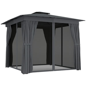 10' x 10' Outdoor Patio Gazebo, Soft Top Gazebo Canopy Shelter with Double Roof, Curtains, Netting, Steel Frame, UPF30+ Protection, Ceiling Hook for Lawn, Backyard, Deck, Dark Gray