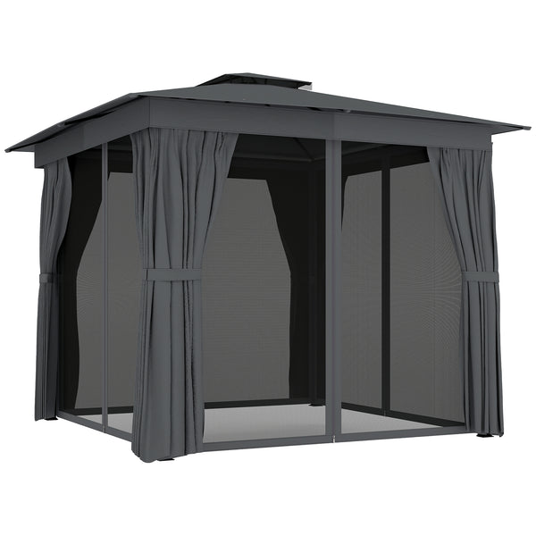 10' x 10' Outdoor Patio Gazebo, Soft Top Gazebo Canopy Shelter with Double Roof, Curtains, Netting, Steel Frame, UPF30+ Protection, Ceiling Hook for Lawn, Backyard, Deck, Dark Gray