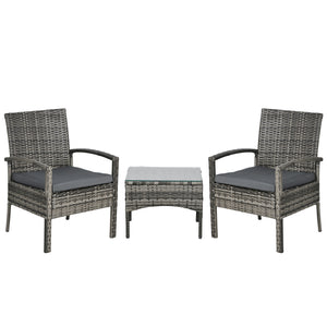 3 Pieces Rattan Bistro Set, Wicker Garden Furniture Set with Glass Top Coffee Table and Chairs, Washable Cushions for Outdoor, Patio, Balcony, Mixed Grey