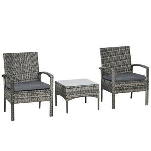 3 Pieces Rattan Bistro Set, Wicker Garden Furniture Set with Glass Top Coffee Table and Chairs, Washable Cushions for Outdoor, Patio, Balcony, Mixed Grey