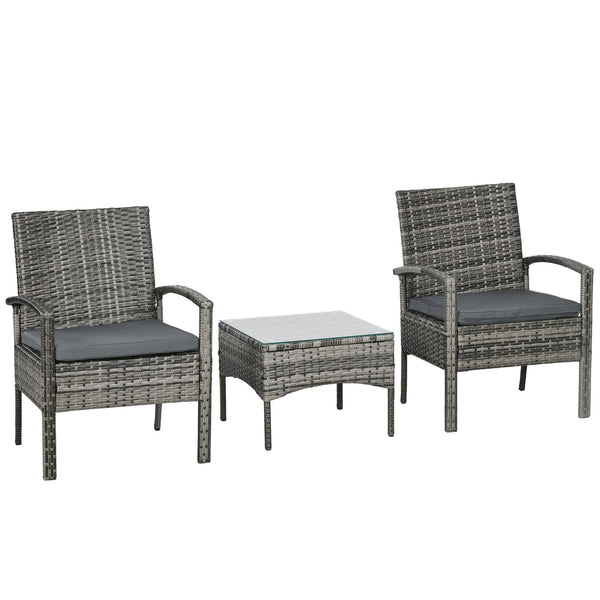 3 Pieces Rattan Bistro Set, Wicker Garden Furniture Set with Glass Top Coffee Table and Chairs, Washable Cushions for Outdoor, Patio, Balcony, Mixed Grey