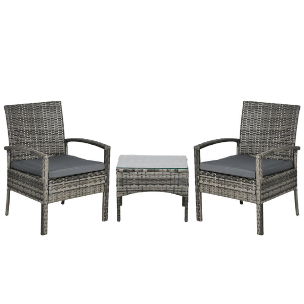 3 Pieces Rattan Bistro Set, Wicker Garden Furniture Set with Glass Top Coffee Table and Chairs, Washable Cushions for Outdoor, Patio, Balcony, Mixed Grey