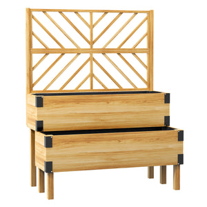 Raised Garden Bed with Trellis, 2 Tier Wooden Elevated Planter Box with Legs and Metal Corners for Vegetables, Flowers, Herbs, Natural