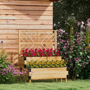Raised Garden Bed with Trellis, 2 Tier Wooden Elevated Planter Box with Legs and Metal Corners for Vegetables, Flowers, Herbs, Natural