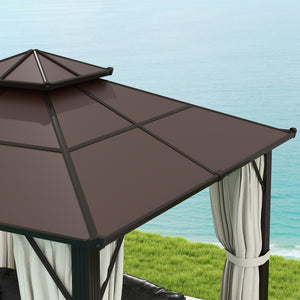 3 x 3(m) Hardtop Gazebo Canopy with UPF30+ Double Polycarbonate Roof, Aluminium Frame Garden Gazebo Permanent Pavilion with Mosquito Netting and Curtains for Patio, Deck, Beige