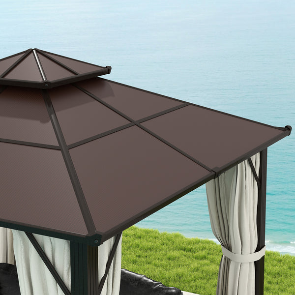 3 x 3(m) Hardtop Gazebo Canopy with UPF30+ Double Polycarbonate Roof, Aluminium Frame Garden Gazebo Permanent Pavilion with Mosquito Netting and Curtains for Patio, Deck, Beige