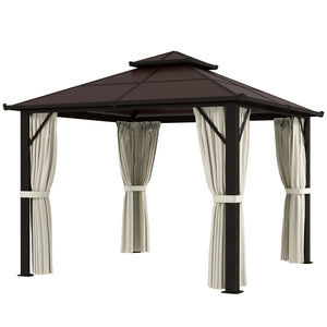 3 x 3(m) Hardtop Gazebo Canopy with UPF30+ Double Polycarbonate Roof, Aluminium Frame Garden Gazebo Permanent Pavilion with Mosquito Netting and Curtains for Patio, Deck, Beige