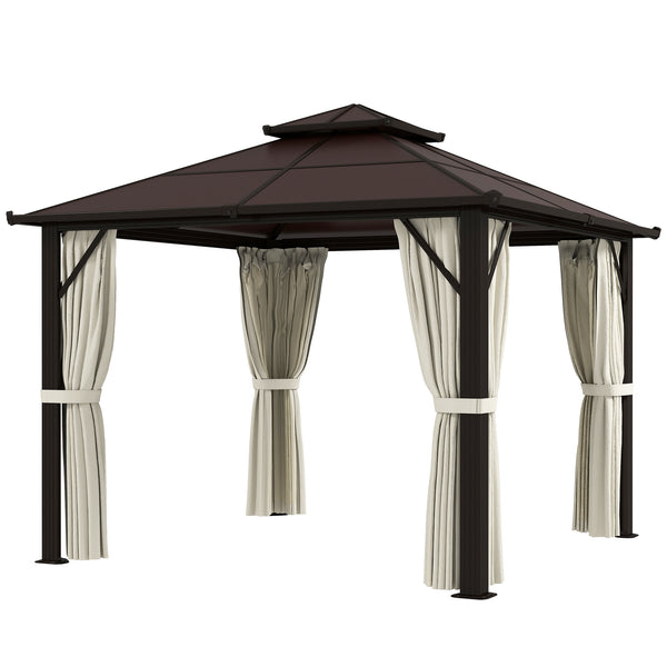 3 x 3(m) Hardtop Gazebo Canopy with UPF30+ Double Polycarbonate Roof, Aluminium Frame Garden Gazebo Permanent Pavilion with Mosquito Netting and Curtains for Patio, Deck, Beige