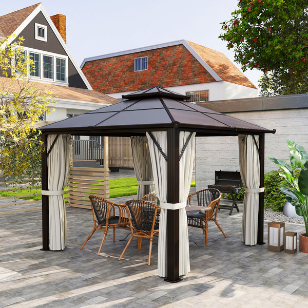 3 x 3(m) Hardtop Gazebo Canopy with UPF30+ Double Polycarbonate Roof, Aluminium Frame Garden Gazebo Permanent Pavilion with Mosquito Netting and Curtains for Patio, Deck, Beige