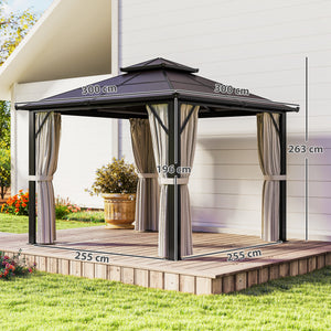 3 x 3(m) Hardtop Gazebo Canopy with UPF30+ Double Polycarbonate Roof, Aluminium Frame Garden Gazebo Permanent Pavilion with Mosquito Netting and Curtains for Patio, Deck, Beige