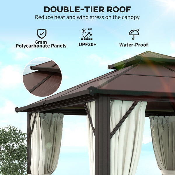 3 x 3(m) Hardtop Gazebo Canopy with UPF30+ Double Polycarbonate Roof, Aluminium Frame Garden Gazebo Permanent Pavilion with Mosquito Netting and Curtains for Patio, Deck, Beige
