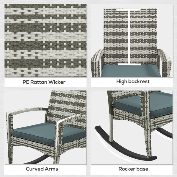 PE Rattan Garden Rocking Chair, Outdoor Rocking with Cushion, 160 KG Capacity Wicker Garden Armchair Rocker with Metal Frame for Patio, Porch, Balcony, Light Grey