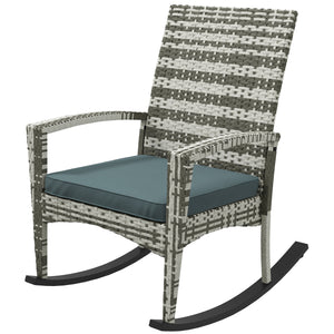 PE Rattan Garden Rocking Chair, Outdoor Rocking with Cushion, 160 KG Capacity Wicker Garden Armchair Rocker with Metal Frame for Patio, Porch, Balcony, Light Grey