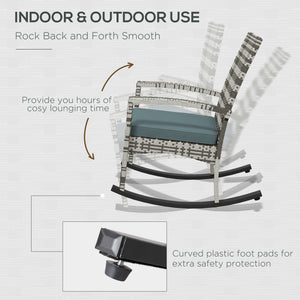 PE Rattan Garden Rocking Chair, Outdoor Rocking with Cushion, 160 KG Capacity Wicker Garden Armchair Rocker with Metal Frame for Patio, Porch, Balcony, Light Grey