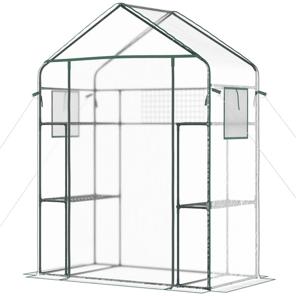 Walk-in Greenhouse with 4 Shelves, 56" x 29" x 77" Mini Greenhouse ,Roll-Up Door, Mesh Windows for Seedling, Flowers, Plant Growing, Clear