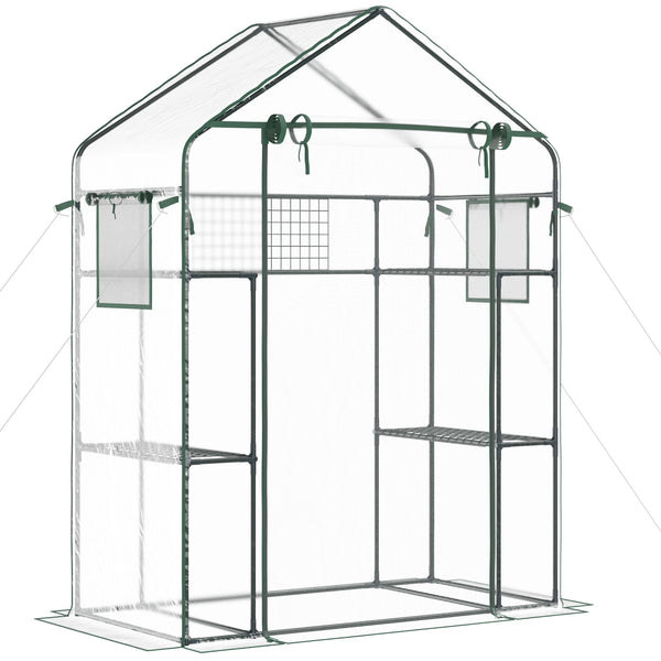 Walk-in Greenhouse with 4 Shelves, 56" x 29" x 77" Mini Greenhouse ,Roll-Up Door, Mesh Windows for Seedling, Flowers, Plant Growing, Clear